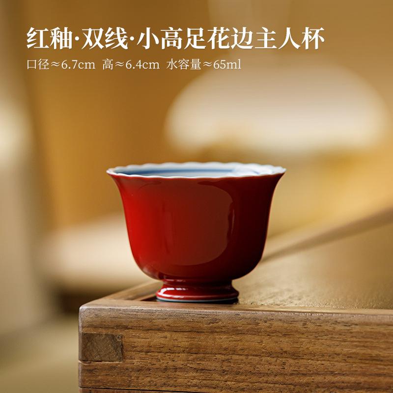 Hand Painted Double-Line Ceramic Tea Cup Lace Forbidden City Red Porcelain Cups High-Footed Teacups Maker Bowl Beautiful Unusual