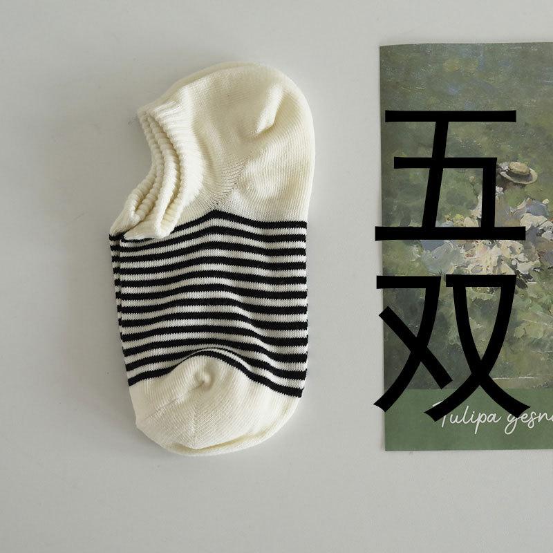 5 Pairs Of Summer Low-Top Boat Socks Shallow Retro Cotton Socks Do Not Fall Off With Korean Striped Invisible Socks