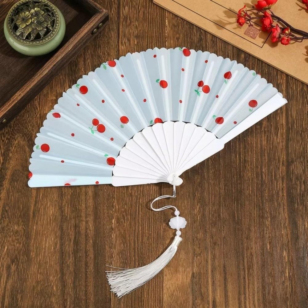 Ventilateur à main pliant design cerise motif fruité ventilateur portable cadeau éventail à pompon en tissu pour femmes