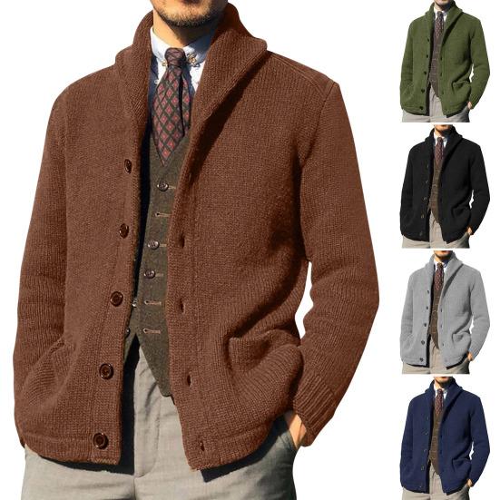 Lapela Manga Longa Bolsos Punhos Canelados Cardigã Suéter Espesso Masculino Outono Inverno
