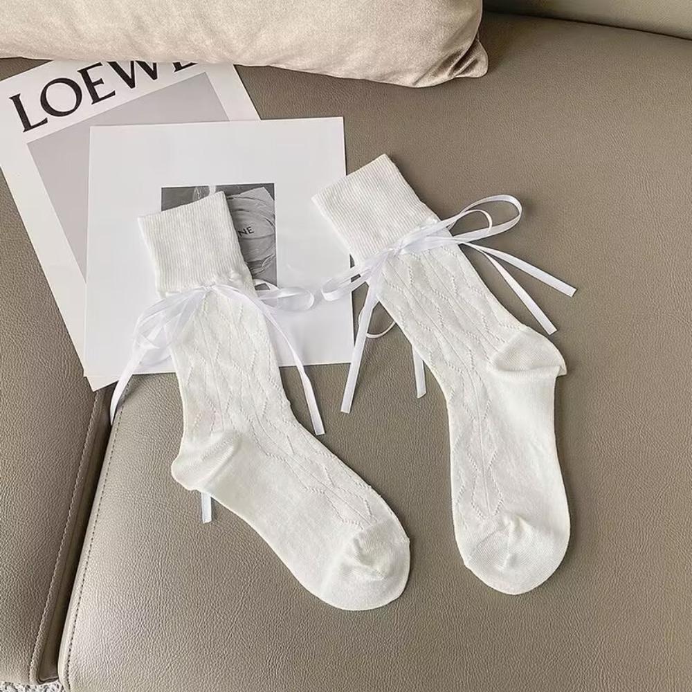 

Accessories Sweet Style Socks Solid Color Short Crew Socks Breathable Bowknot Socks білий