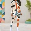 Women Plus Size Navy Blue Gold White Abstract Printed Round Neck Long Sleeve Top Fitted Pants Two Piece Set