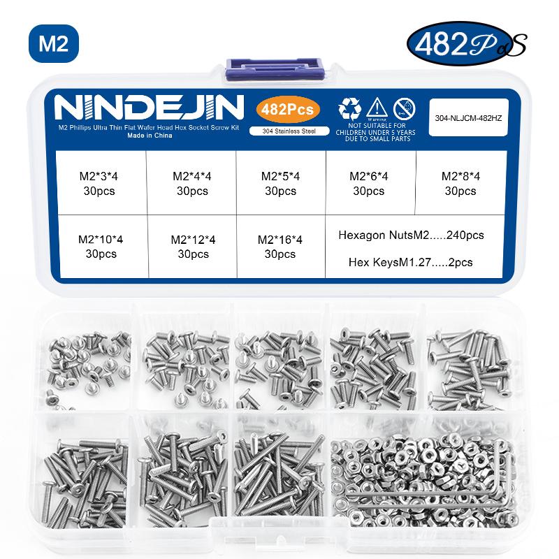 

NINDEJIN Ultra Low Profile Head Screw Set M2 M2.5 M3 M4 M5 Stainless Steel Hex Socket Flat Thin Wafer Head Screws With Nuts Kit