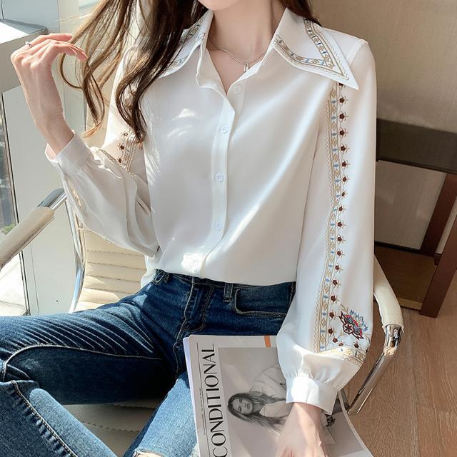 Chiffon Blouse Women Long Sleeve Embroidered Elegant French Top Light  Style Tops