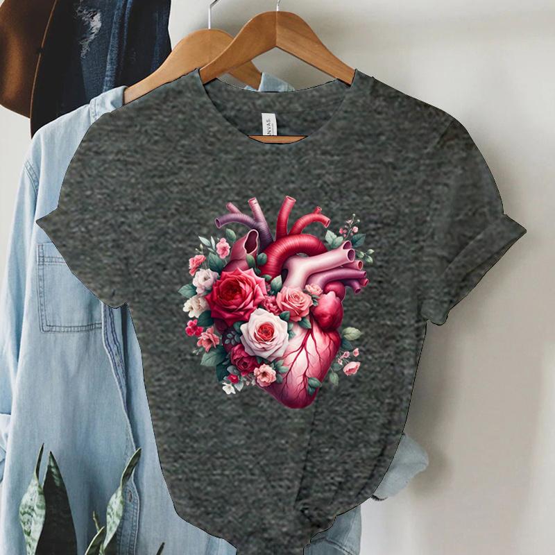 Watercolor Heart Floral Tshirt Women Funny Anatomical Graphic Tee Shirt Top Aesthetic Vintage Women Cardiology Nursing Tshirts