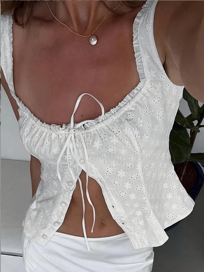 

2025 Европейская и американская женская мода Топ без рукавов с квадратным вырезом, вышивкой и оборками Large