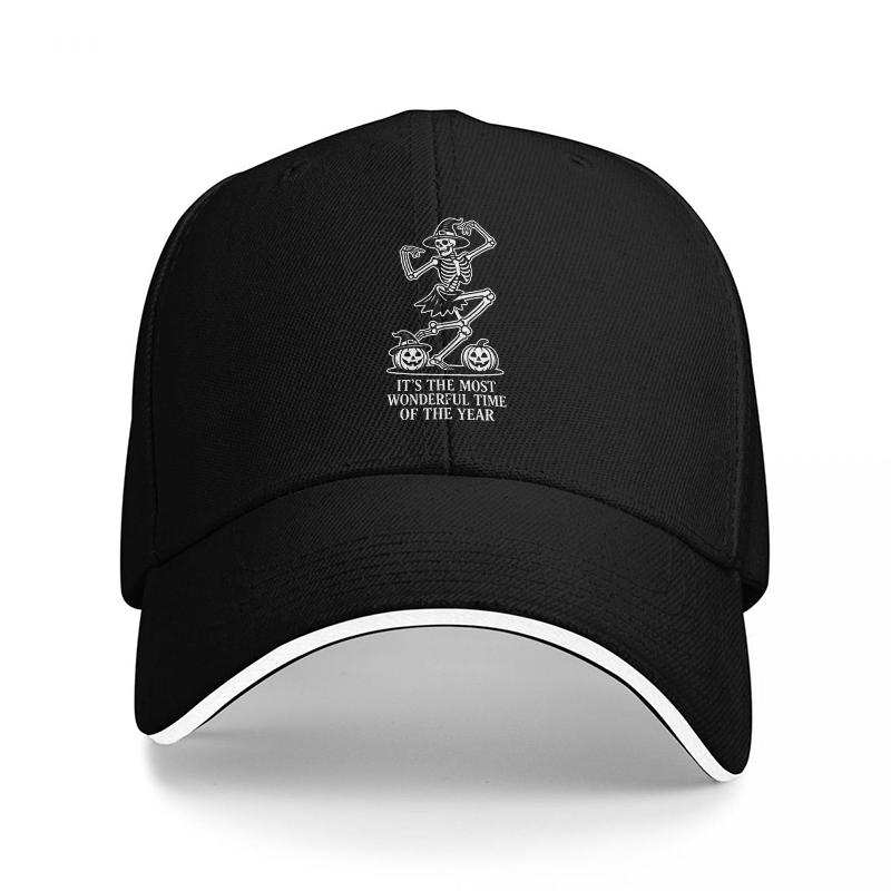 Skeleton Skateboarder Christmas Cap Its The Most Wonderful Time Of The Year Black Baseball Hat With White Trim Adjustable