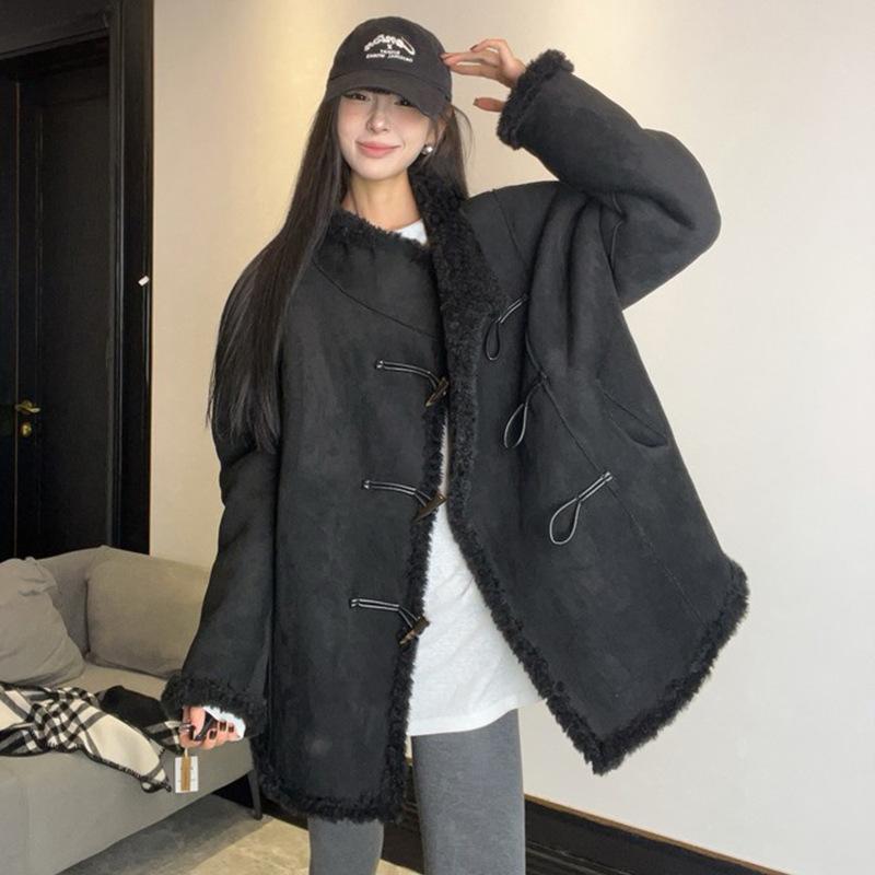 Winter Notting Hill double-sided wear imitation lamb wool suede horn buckle jacket women's winter loose tall fur integration