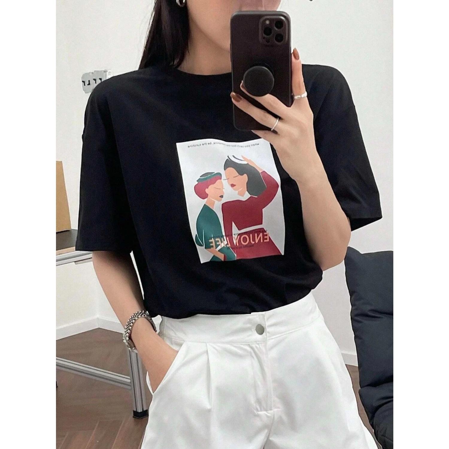 

A Gathering For Girls Print Women T-Shirt Summer O-Neck T Shirts Basic All-Match Short Sleeve Breathable Comfortable Clothing XXXXXL чорний