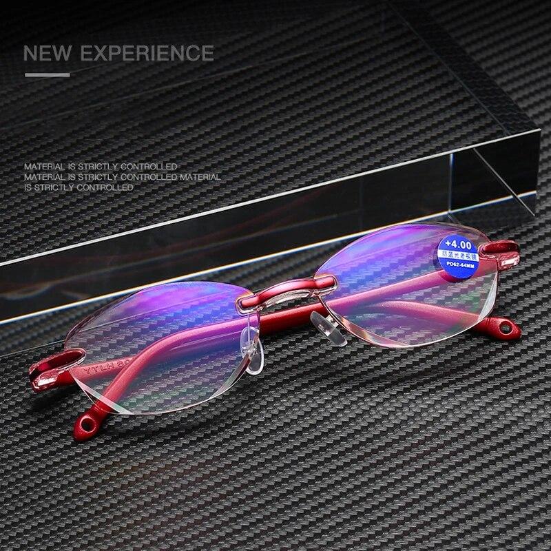Diopter +1.0 +1.5 +2.0 +2.5 +3.5 +4.0 Frameless Anti-blue Light Reading Glasses Rimless Women Presbyopia Eyeglasses