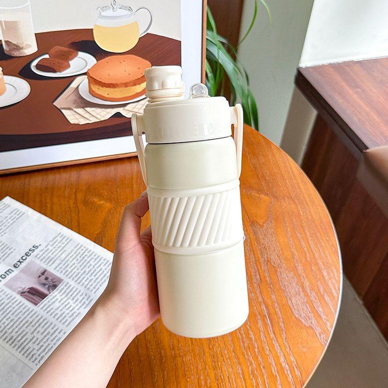 Simple Large-Capacity Thermos Cup for Students, Portable with Handle, Dual Drinking Cup, High-Looking, Unisex Fitness Straw Water Bottle