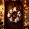 Artificial Fabric Wreath Halloween Boo Ghost Wreath, Spooky Door Hanging Decoration with Pumpkins Decorative Fall And Spider Webs for Front