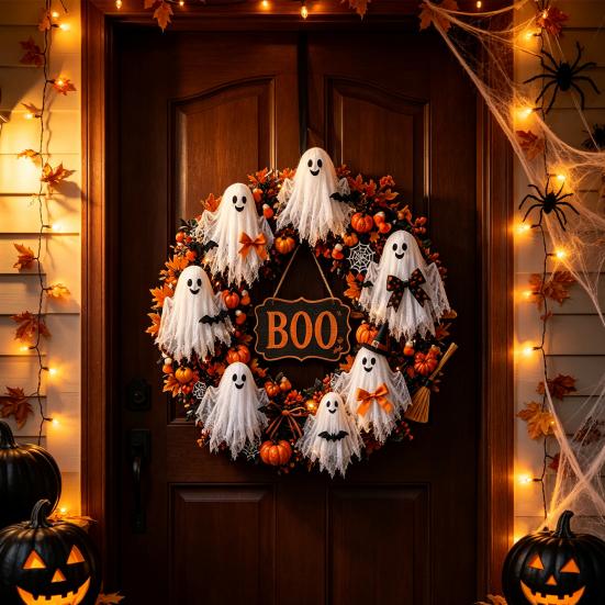 Artificial Fabric Wreath Halloween Boo Ghost Wreath, Spooky Door Hanging Decoration with Pumpkins Decorative Fall And Spider Webs for Front