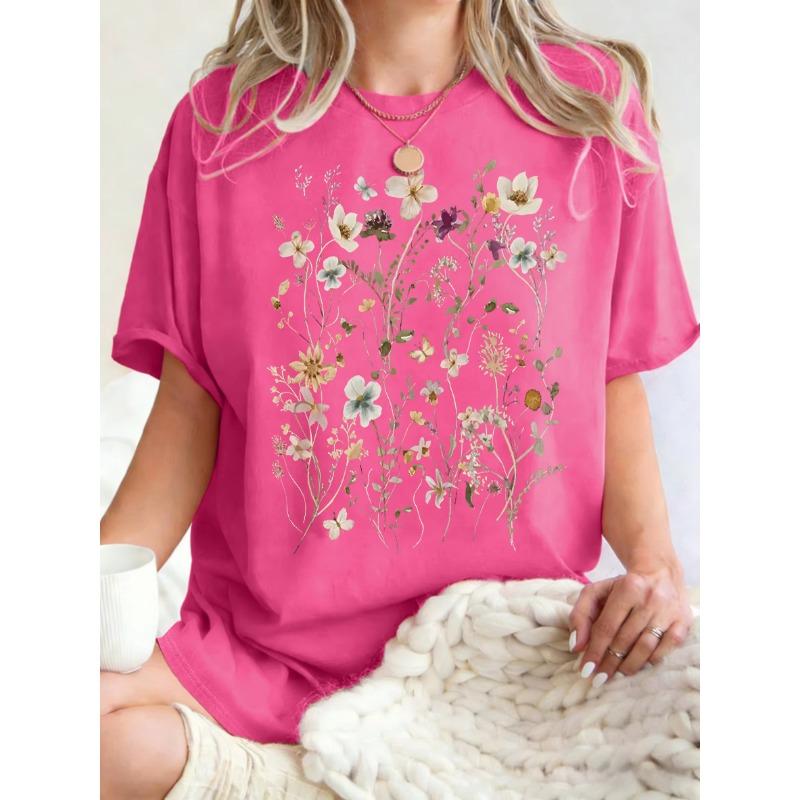 T-shirt da Donna con Stampa di Bellissimi Grappoli di Fiori Estate Oversize Manica Corta Girocollo Magliette in Cotone Y2K Top Sportivi Donna