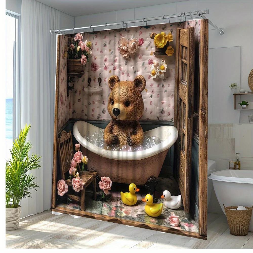 1pc Creative Bear Nature Theme Shower Curtain Liven Up Your Space with Fun Bath Decor Polyester Fabric, Bathroom Decoration, Inc