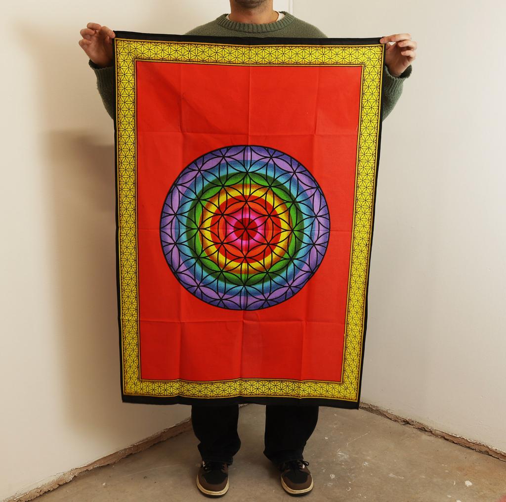 Baumwoll-Wandkunst (70x110cm) – Regenbogen Blume des Lebens