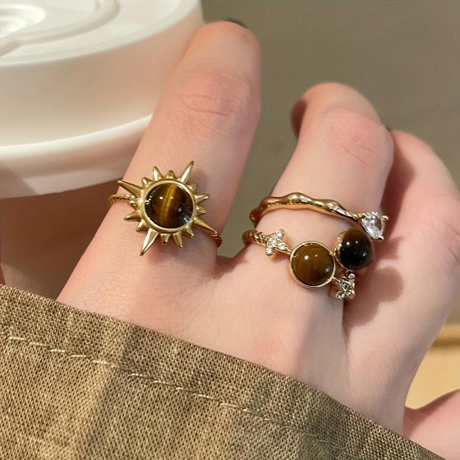 A Set of Three Stylish Sunflower Water Droplet Decorative Open Rings Suitable for Women'S Everyday Wear