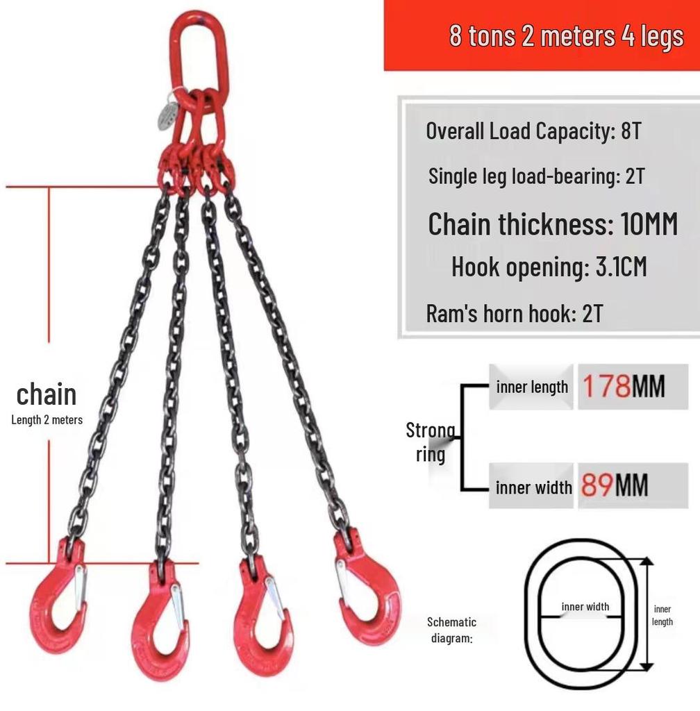 Lifting Chain Sling Set with Four Legs and Two Hooks - Grade 80 Manganese Steel Rigging