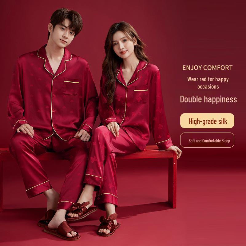 

Красный жаккардовый пижамный комплект из ледяного шелка с встроенными чашечками - 2 предмета, парный стиль Women s 2XL + Men s 2XL