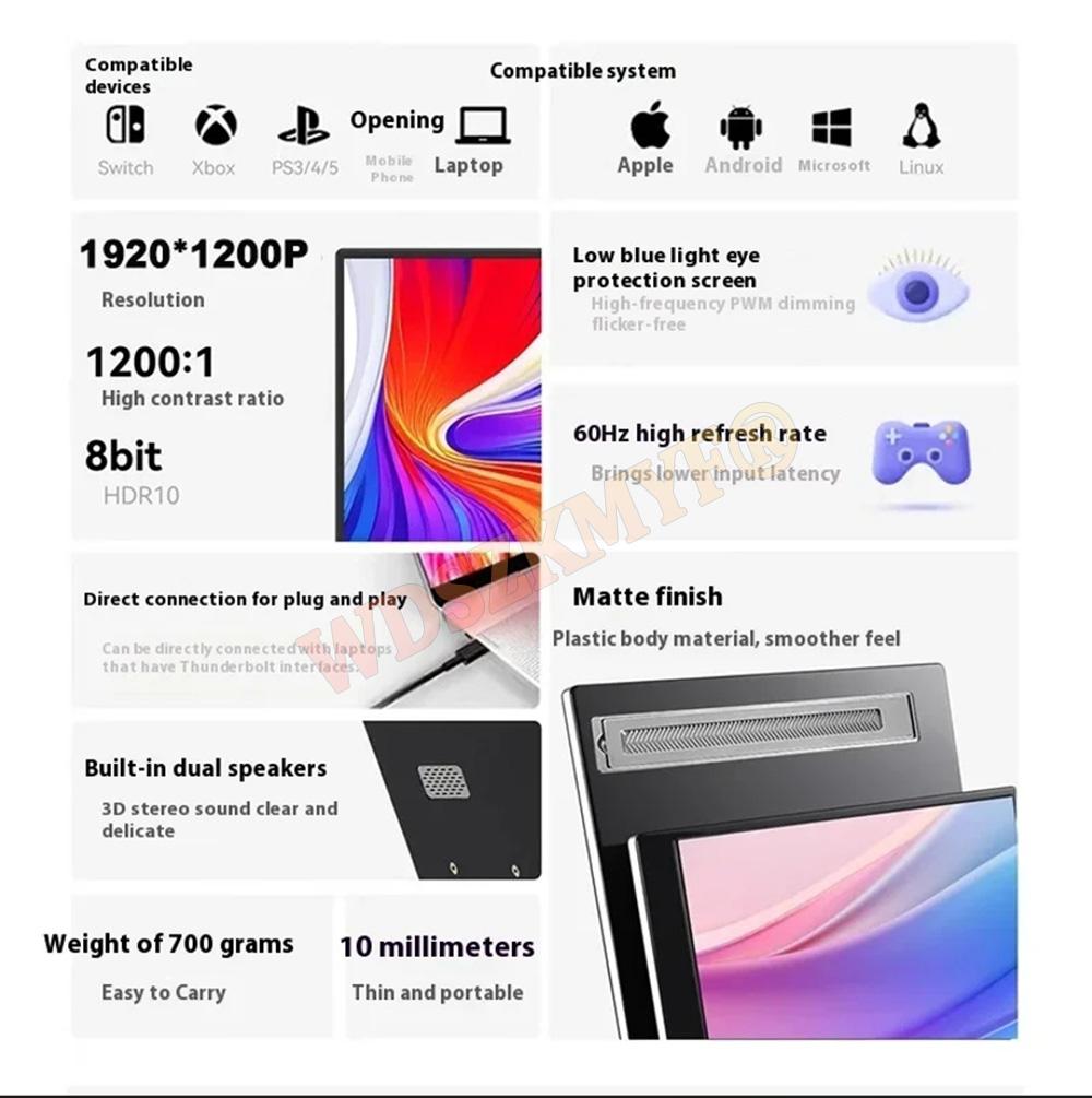 13.3" Portable Touch Monitor IPS Panel USB-C 1200P FHD 60Hz Compatible Travelling Display for PC Laptop Xbox Switch