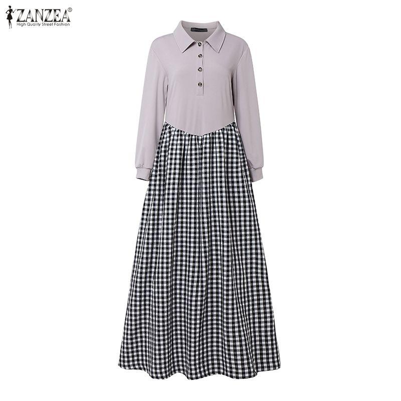 ZANZEA Damen Freizeit Langarm Patchwork Karomuster Langes Kleid mit Umlegekragen