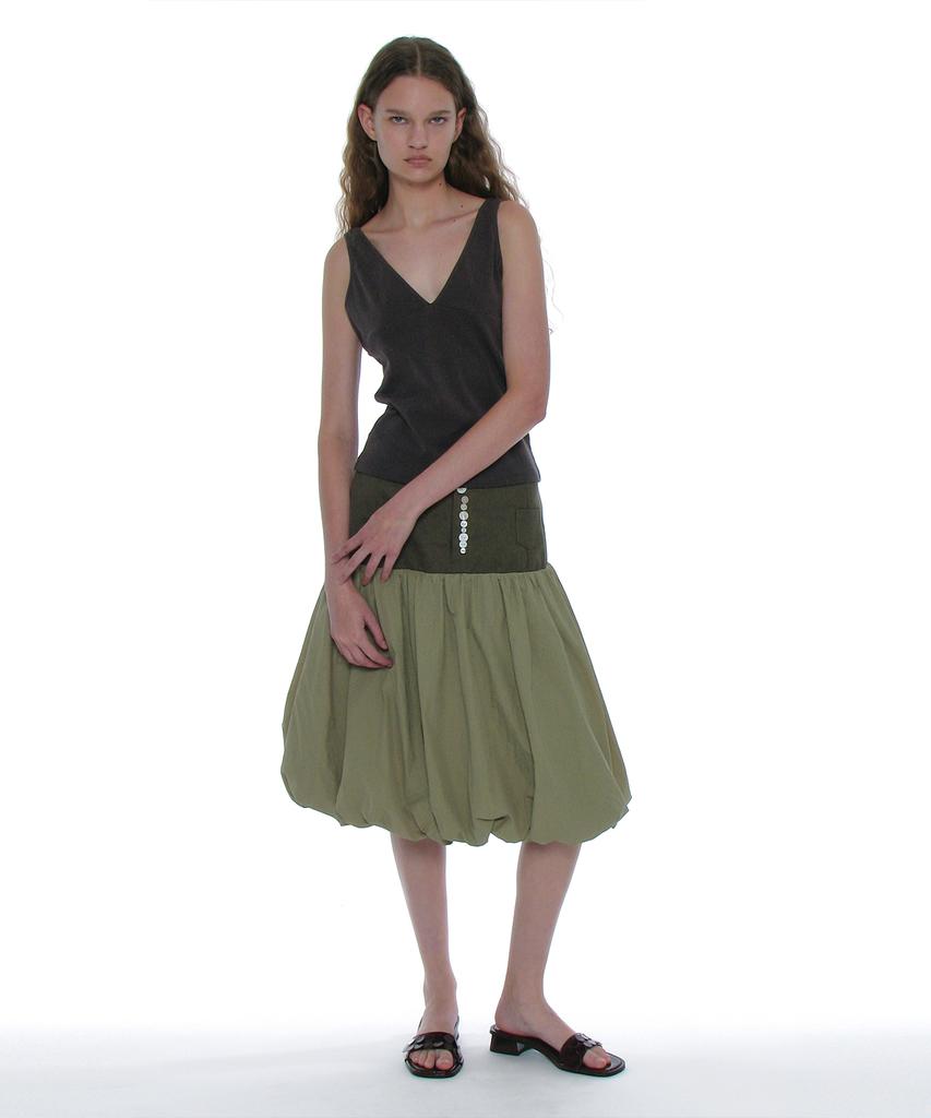 Partimento Woman Button-Pointed Puff Midi Skirt_Khaki Green