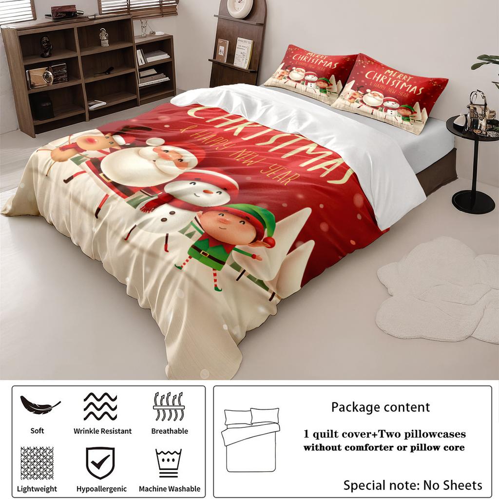 3pcs Cartoon Santa Claus Printed Chipless Bedding Set Bedroom Dormitory Soft Duvet Cover Multiple Sizes Machine Washable