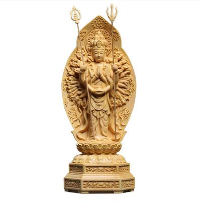 Hanro Art Carving Buddhist Statue, Thousand-Armed Kannon, Buddhist Altar Statue, Boxwood Wood Carving, Ornament, Exclusive Thousand-Armed Halo, Year