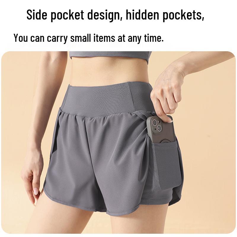 Damen Sportshorts mit hohem Bund: Fake Zweiteiler, Anti-Exposition, Lockere Passform, Seitentasche, Hüfthebung, Für Laufen & Yoga