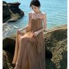 Vintage high-end fashion temperament dress Spice girl sexy tube top mesh dress seaside vacation style dress