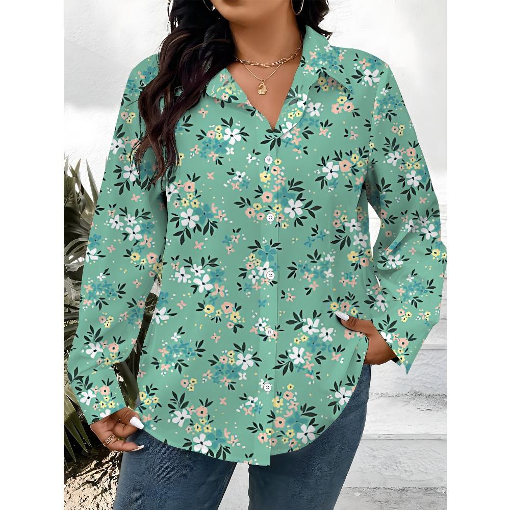 New Large Size Women's Long Sleeve Printed Shirt, Fashion Casual Button Up Lapel Shirt Women's Shirt