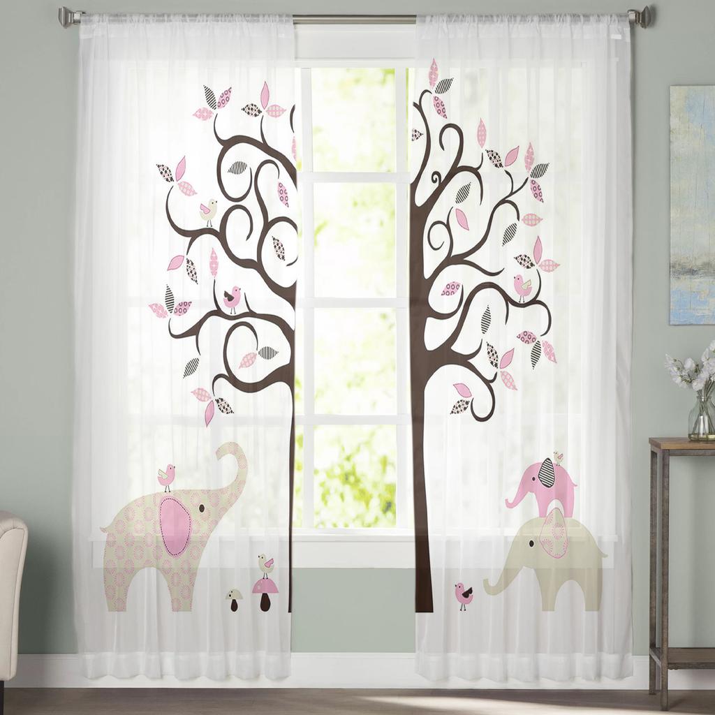 Cartoon-Bäume und Elefanten, Tüll-Vorhänge für Wohnzimmer, Küche, durchsichtiger Voile-Vorhang, Schlafzimmer-Fensterpaneele