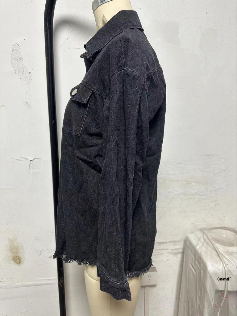 Women's Cross-Border Washed Denim Shirt Jacket - European & American Autumn/Winter Street Style with Frayed Hem