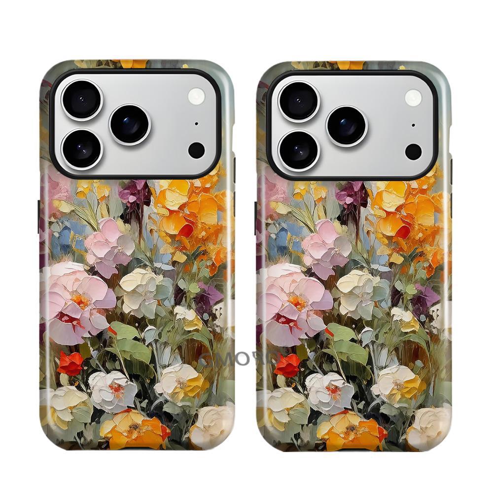 Independent station popular oil painting flower creative mobile phone case iPhone17 double protective case Apple 15