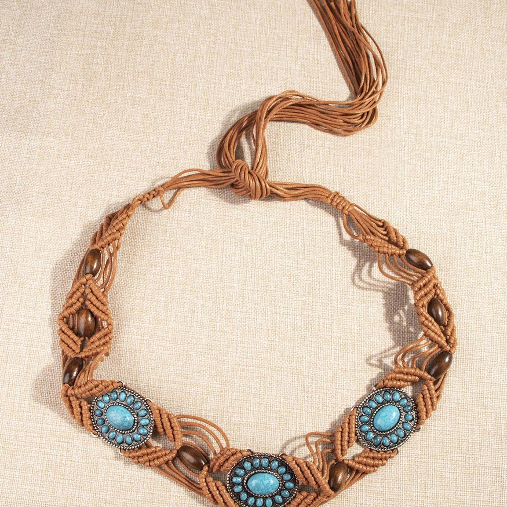 New Middle Eastern Boho Alloy Turquoise Resin Beads Weaving Knotted Ethnic Style Women's Waist Rope