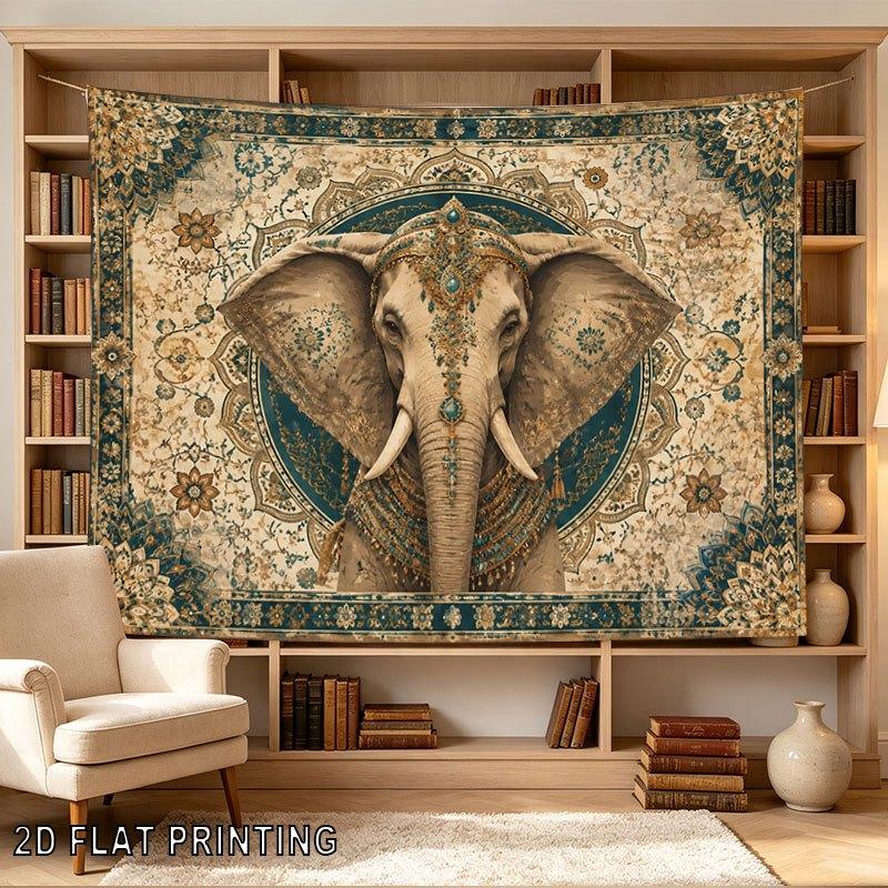2D Flat, 1pc 2D Flat Tapestry Elegant Elephant Adorned with Ornate Jewels and Intricate Patterns, Framed by Symmetrical Floral Borders in Vintage Tone