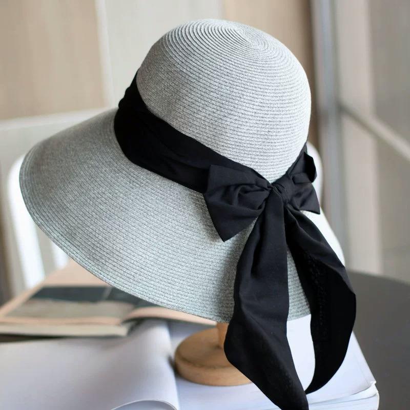

Korean Style Large Eave Bow Ribbon Beach Vacation Straw Hat Elegant Foldable Sun Protection And Face Covering Fisherman Hat Adult 56-58cm powder синього кольору