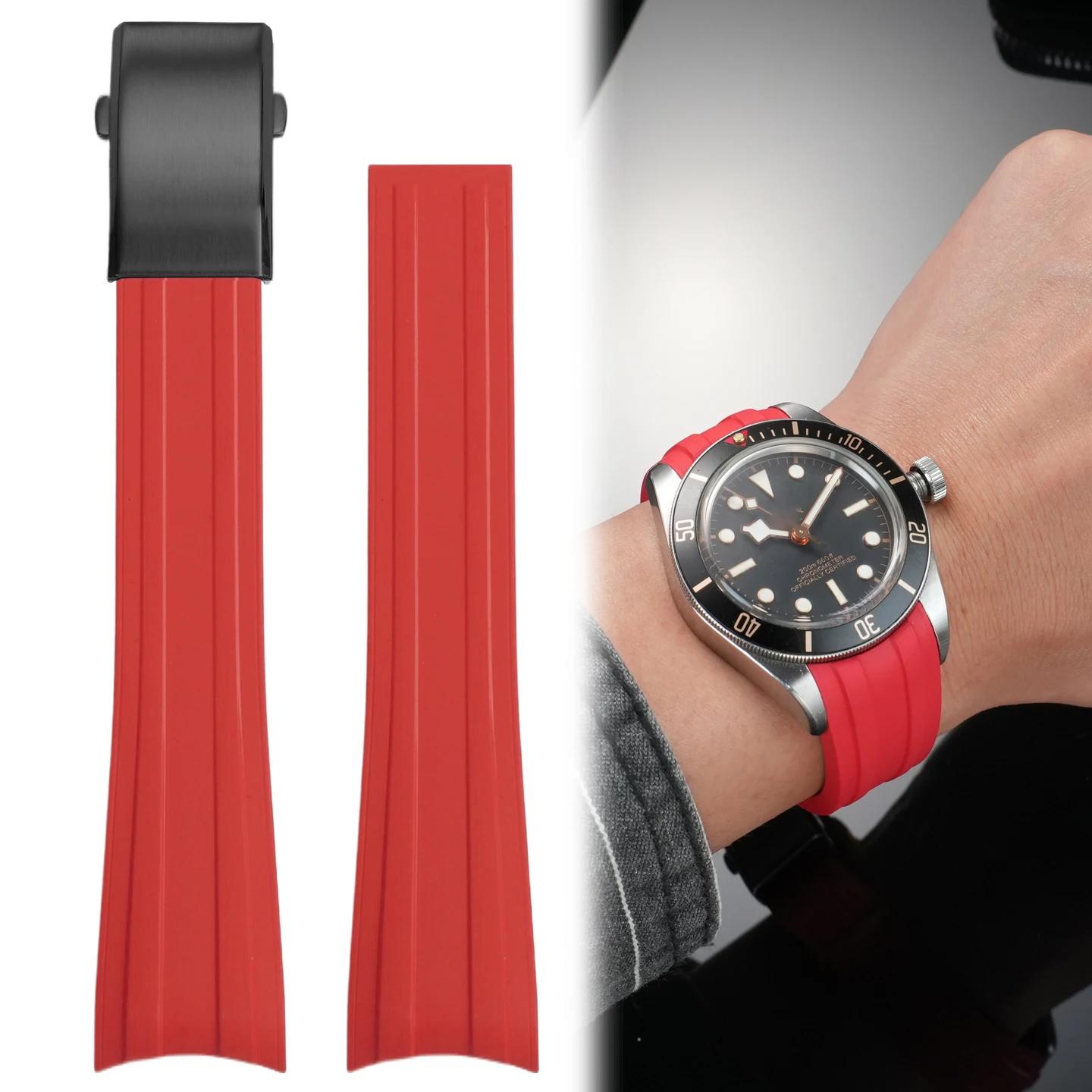 

20mm High quality Curved fluororubber strap For Tudor Biwan 39 dial Black Bay 1958 M79030 Fluororubber Fold Over Clasp Strap 20mm красный черный