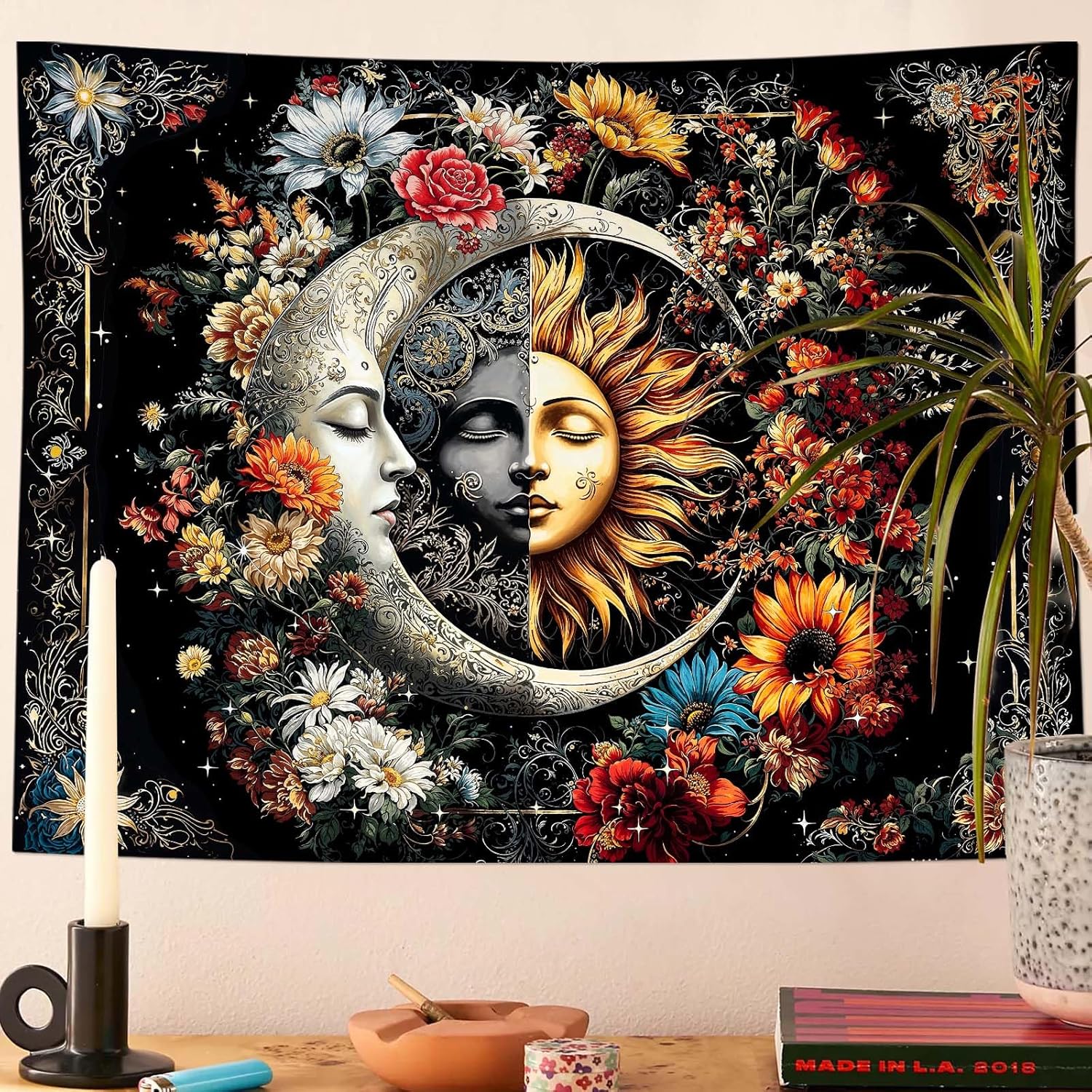 

Wegklazax Abstract Sun and Moon Floral Tapestry, Bohemian Hippie Cosmic Wall Art for Room Decor, Artistic Nature Home Decor 70x100CM