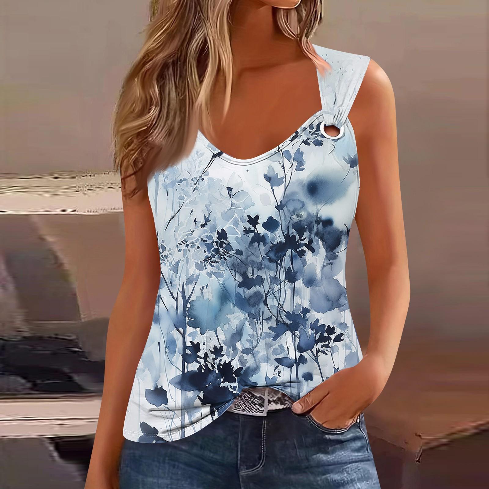 

Женская майка с V-образным вырезом, базовая, с принтом, повседневная, струящаяся, без рукавов, с глубокими боковыми вырезами для женщин XL синий