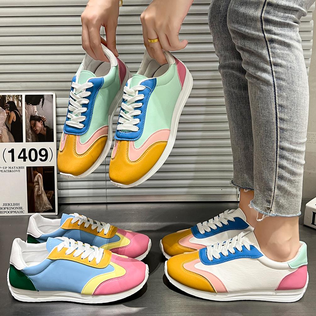 Fashion Women Flats Sneakers Fashion Retro Yellow Casual Lace-up Low Cut Sneakers Women Lightweight Breathable Shallow Shoes for Women