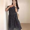 Women's Retro Floral Loose Slimming Black Crew Neck Short Sleeve Long Dress