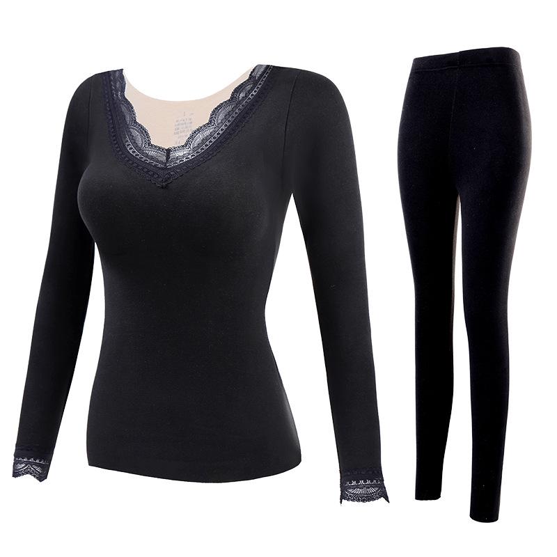 Women's Thermal Underwear Set with Chest Pads: Double-Layer Velvet, Warm, Bra-Free, Autumn/Winter.