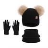 3Pcs/Set Children Winter Hat Scarf Gloves Set Plush Lining Fluffy Ball Decoration Knitting Hat Neckerchief Gloves Set