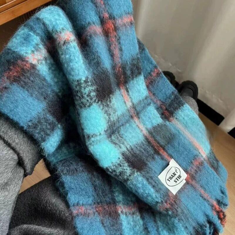 Korean Style Plaid Mohair Scarf - Women's Winter Imitation Cashmere Shawl