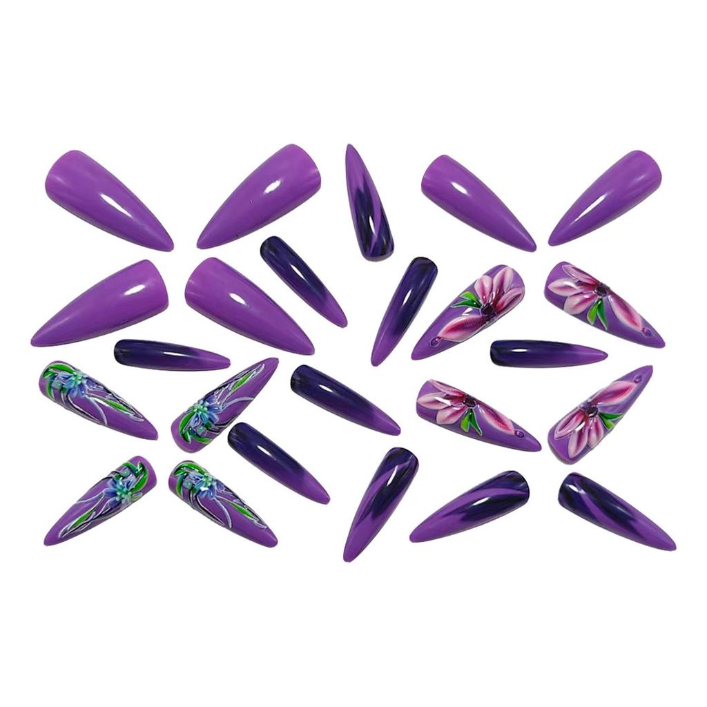 3D Geprägte Lange Stiletto Falsche Nägel Einfarbig Lila Süßes Blumendesign Aufdrücknägel 24 Stück Maniküre-Set