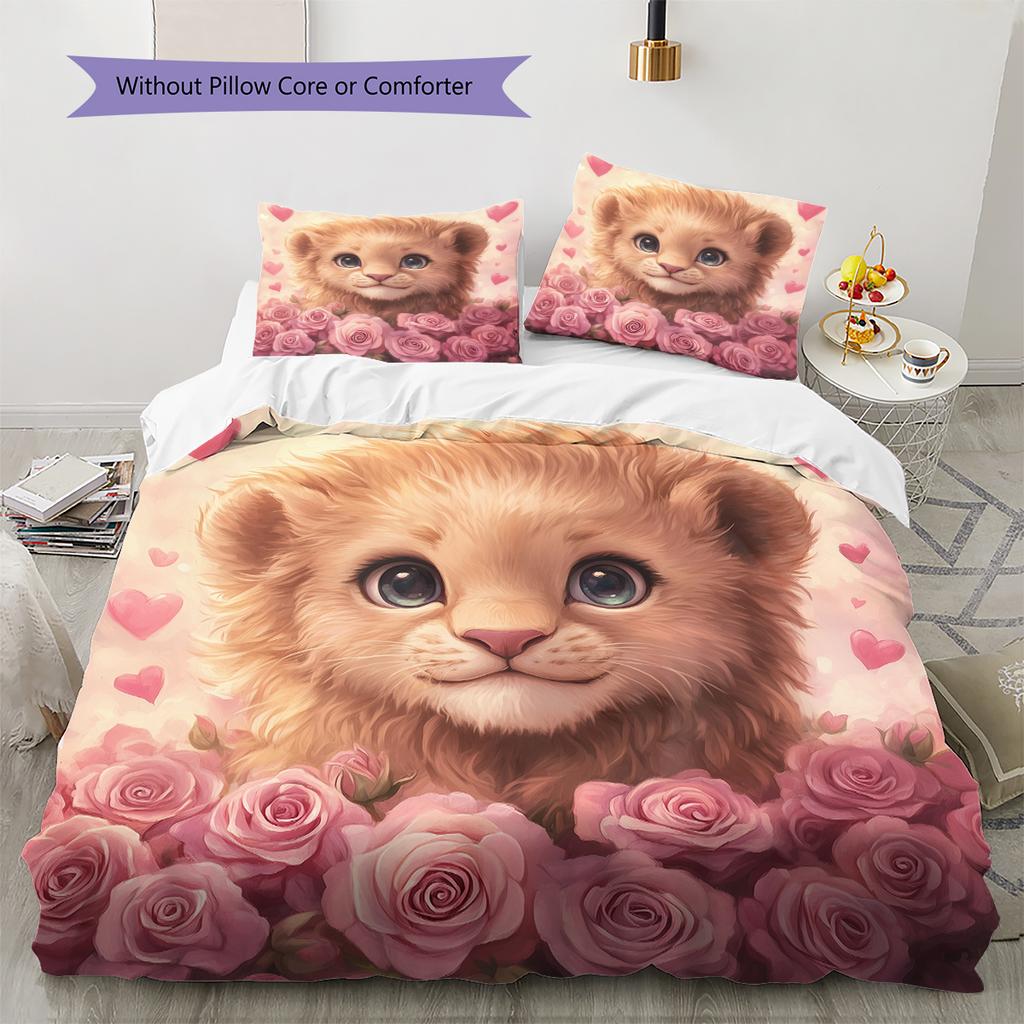 Lion and Rose Pattern Bedding Home Decoration Birthday Gift (1 * duvet cover + 2 * pillowcase, without core)