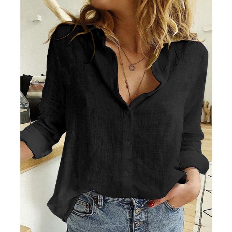 Lapel Neck Top Casual Blouse Fashion Women Large Size Spring Autumn Cardigan Solid Pattern Cotton Linen Shirt