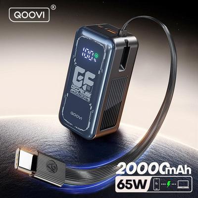 QOOVI 20000mAh Powerbank PD 65W Schnellladung Eingebautes Kabel Externe Große Batterie Tragbares Ladegerät Für iPhone Samsung Xiaomi
