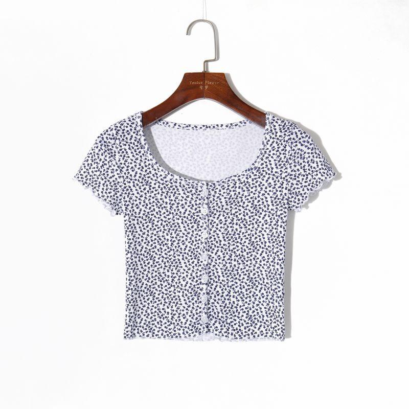 

Women s Summer Fresh Offset Single-Breasted Silm T-shirt Small flowers on white background S